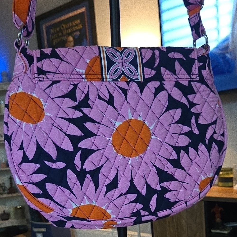 Vera Bradley Loves Me Pink Daisy Saddle Up Cross Body Shoulder Bag Orange Navy - Picture 3 of 10